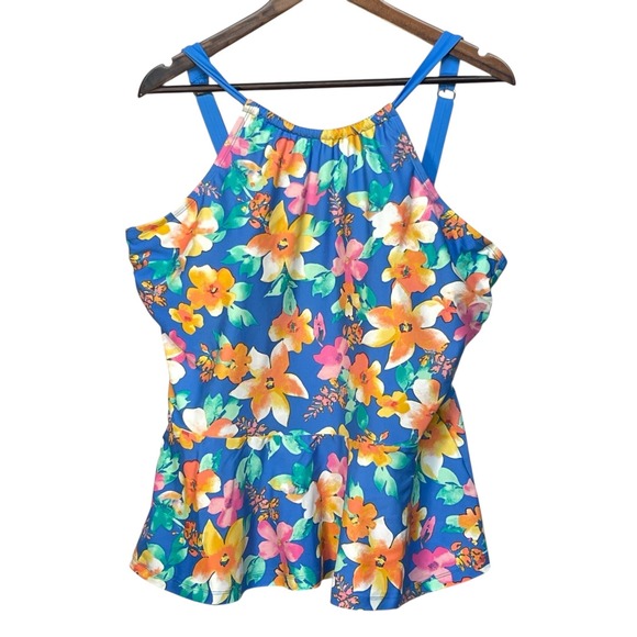 Isaac Mizrahi LIVE! Floral Swim Top Tankini Peplum Plus Size 20W Blue - Picture 1 of 9
